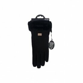 Damen Handschuhe gefüttert » Damenhandschuhe mit Touchfunktion » Winterhandschuhe mit Kunstpelz » Wildlederoptik "NY Style" Suede mit Fell - Schwarz