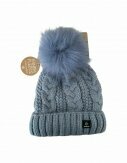 Damen Strickmütze | Wintermütze mit Fleece Innenfutter | Bommelmütze mit Zopfmuster [Blau]