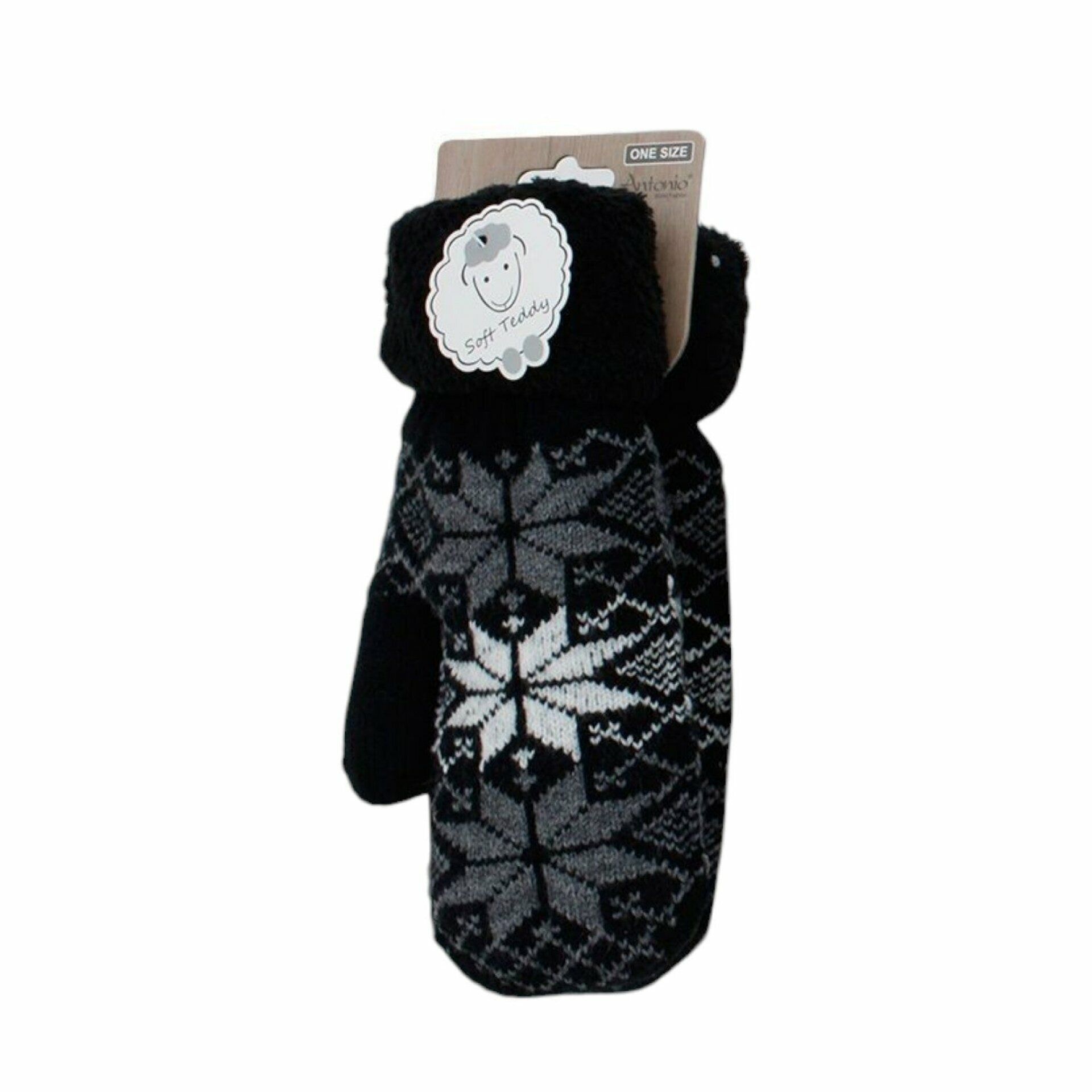 Damen Fäustlinge mit Teddy Futter » Winterhandschuhe gefüttert » Soft Teddy Handschuhe » Strickhandschuhe Norweger Stern - Schwarz