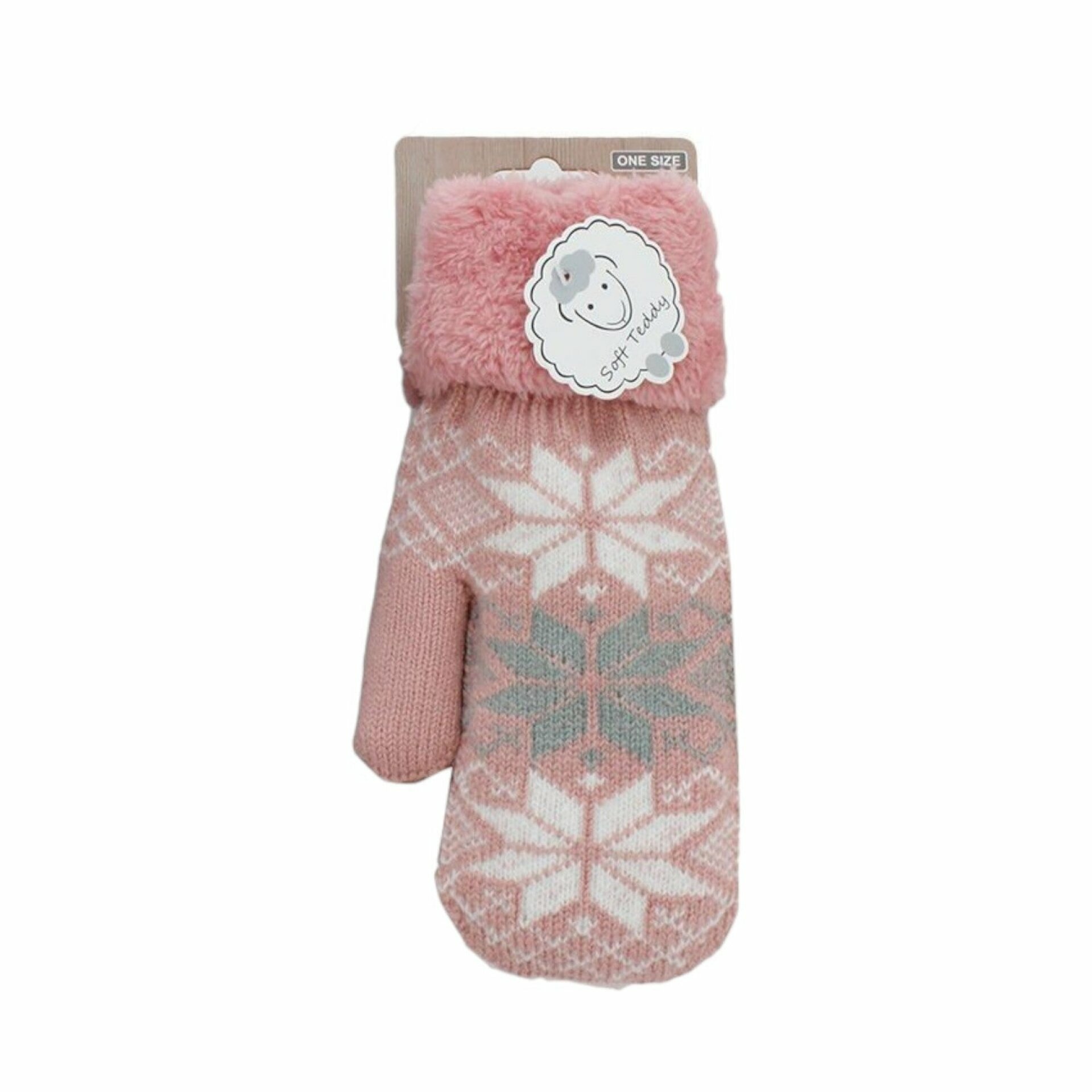 Damen Fäustlinge mit Teddy Futter » Winterhandschuhe gefüttert » Soft Teddy Handschuhe » Strickhandschuhe Norweger Stern - Rosa
