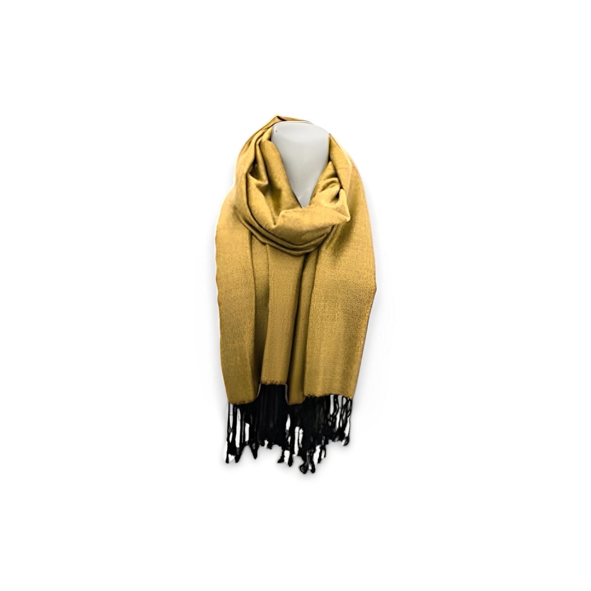 Fransenschal » Winterschal 175 x 70 cm » glänzender Winter Schal » Schal mit schwarzen Fransen - Gold