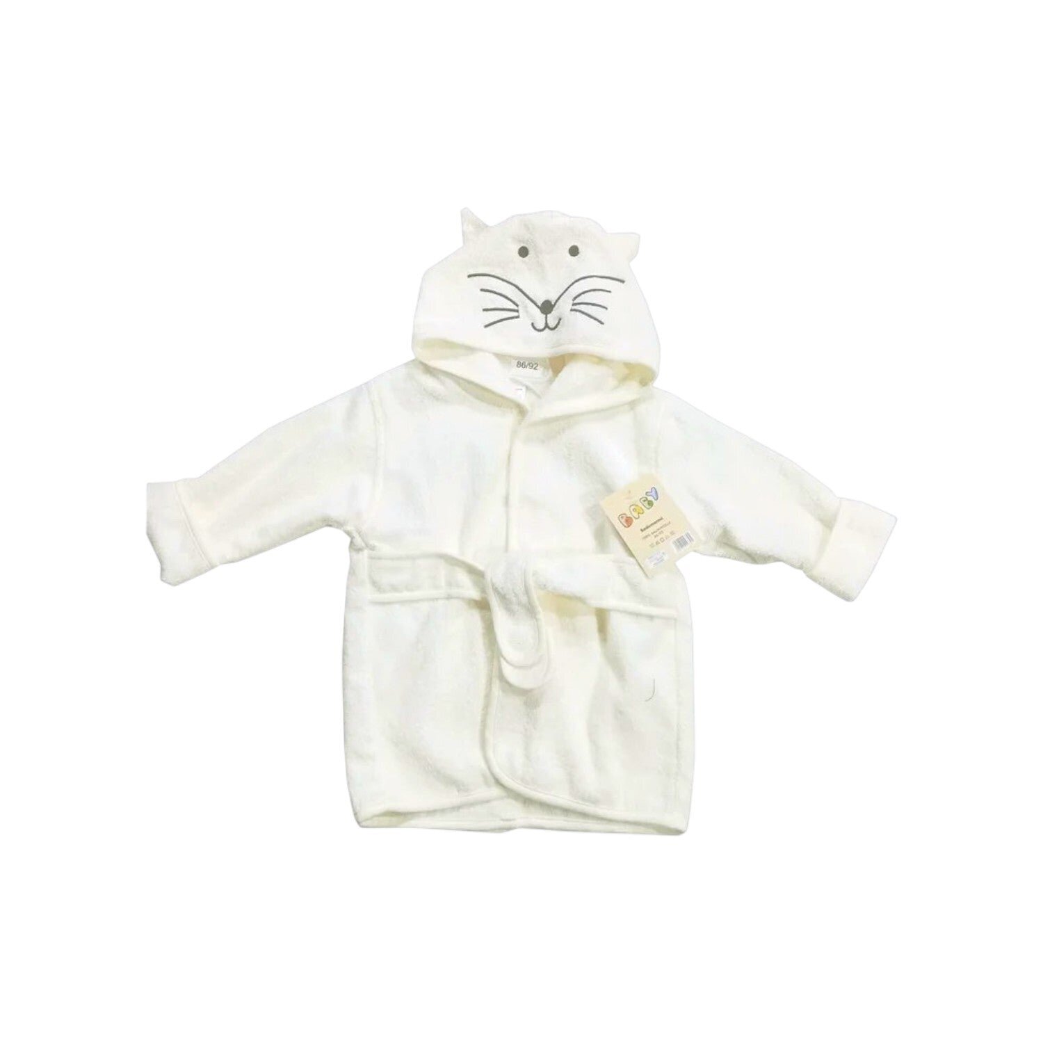 Frottée Baby Bademantel mit Tiergesicht » Morgenmantel & Kleinkinder Badetuch » 100% Baumwolle » mit Kapuze und Gürtel - Katze / 98/104