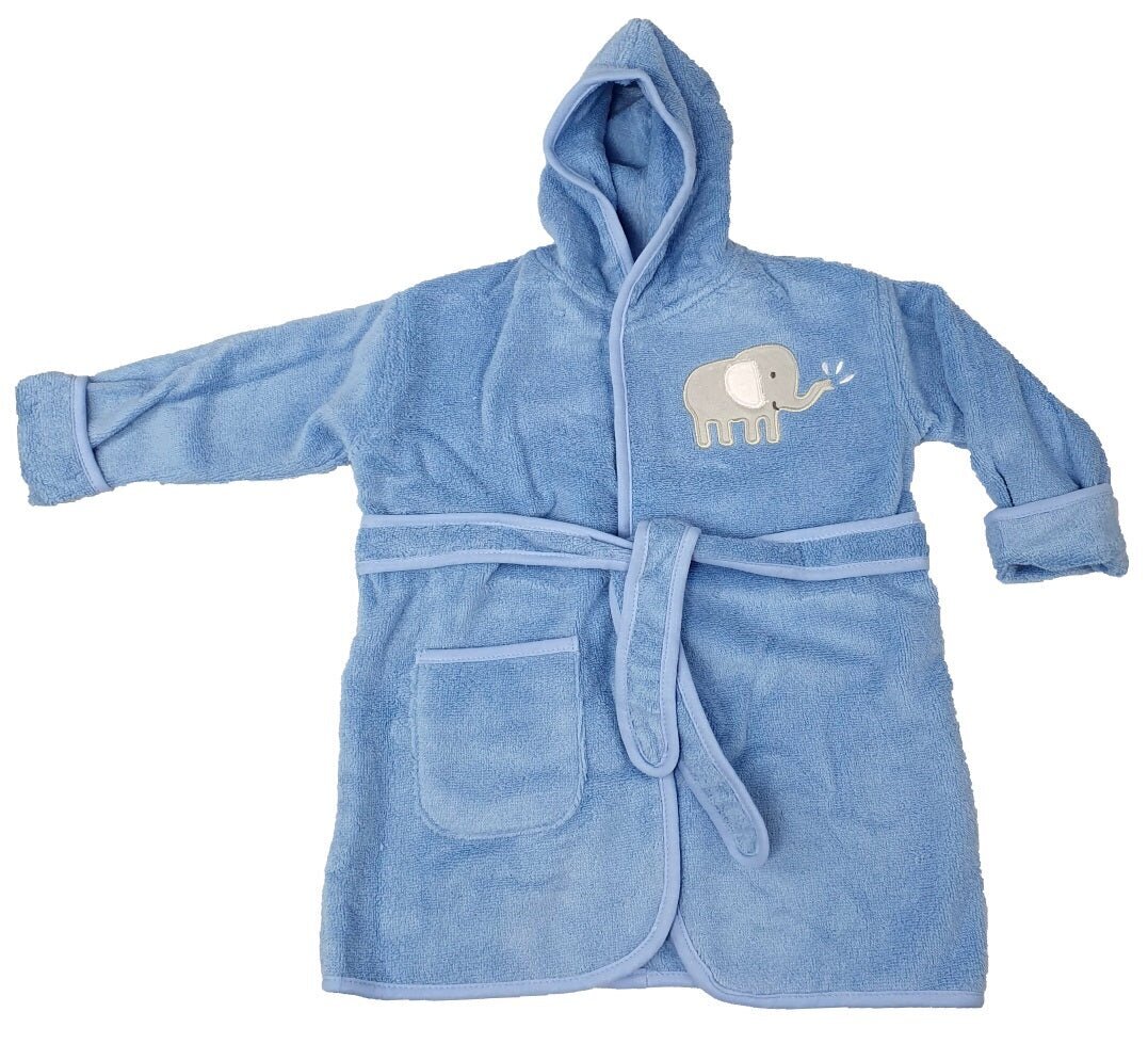 Frottée Baby Bademantel » Morgenmantel & Kleinkinder Badetuch » 100% Baumwolle » mit Kapuze, Tasche und Gürtel - Blau / 86