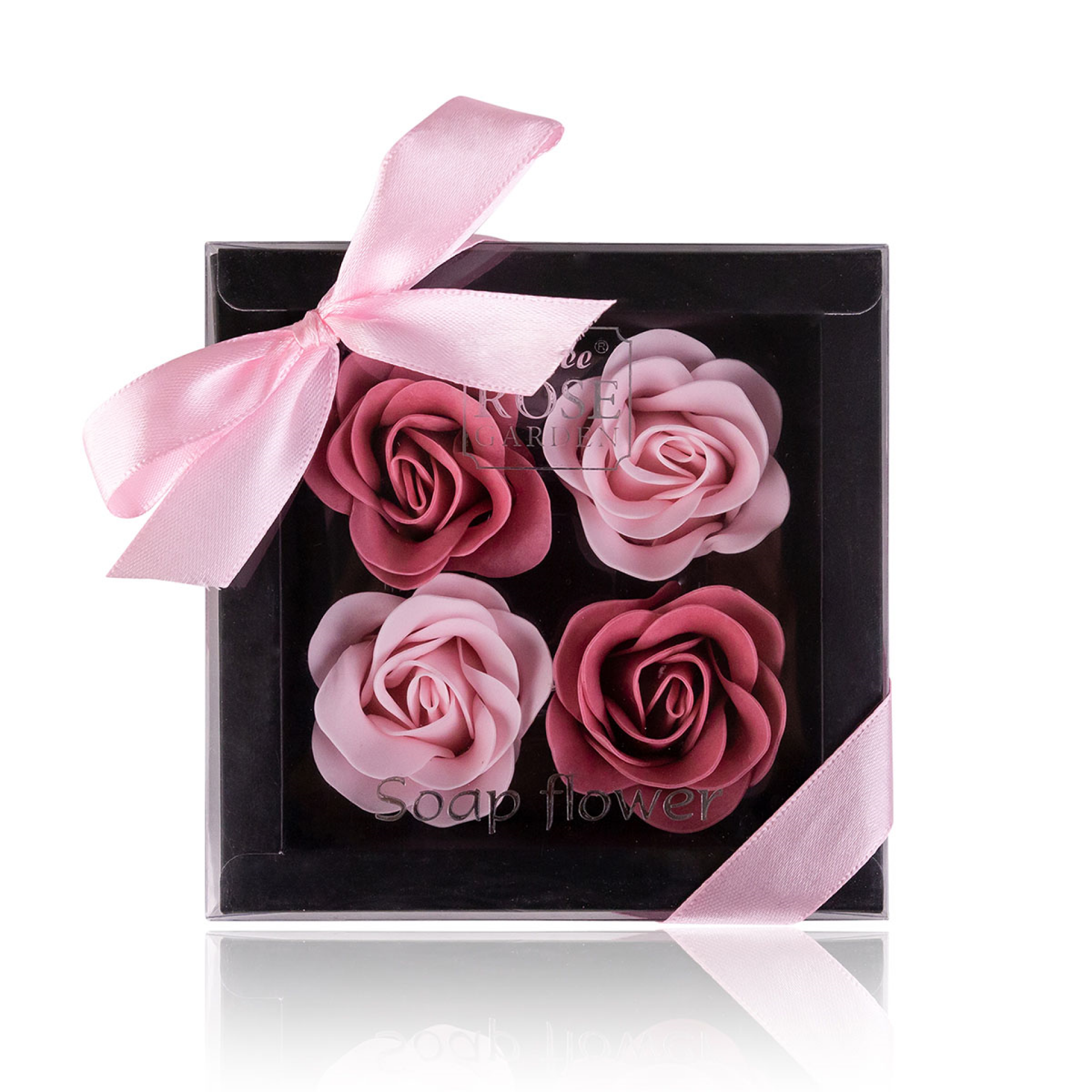Baderosen Geschenkbox mit 4 x 4g » Badekonfetti | Seifenrosen in dunkler Geschenkverpackung mit Schleife | Rosen Duft - Dunkelpink-Rosa