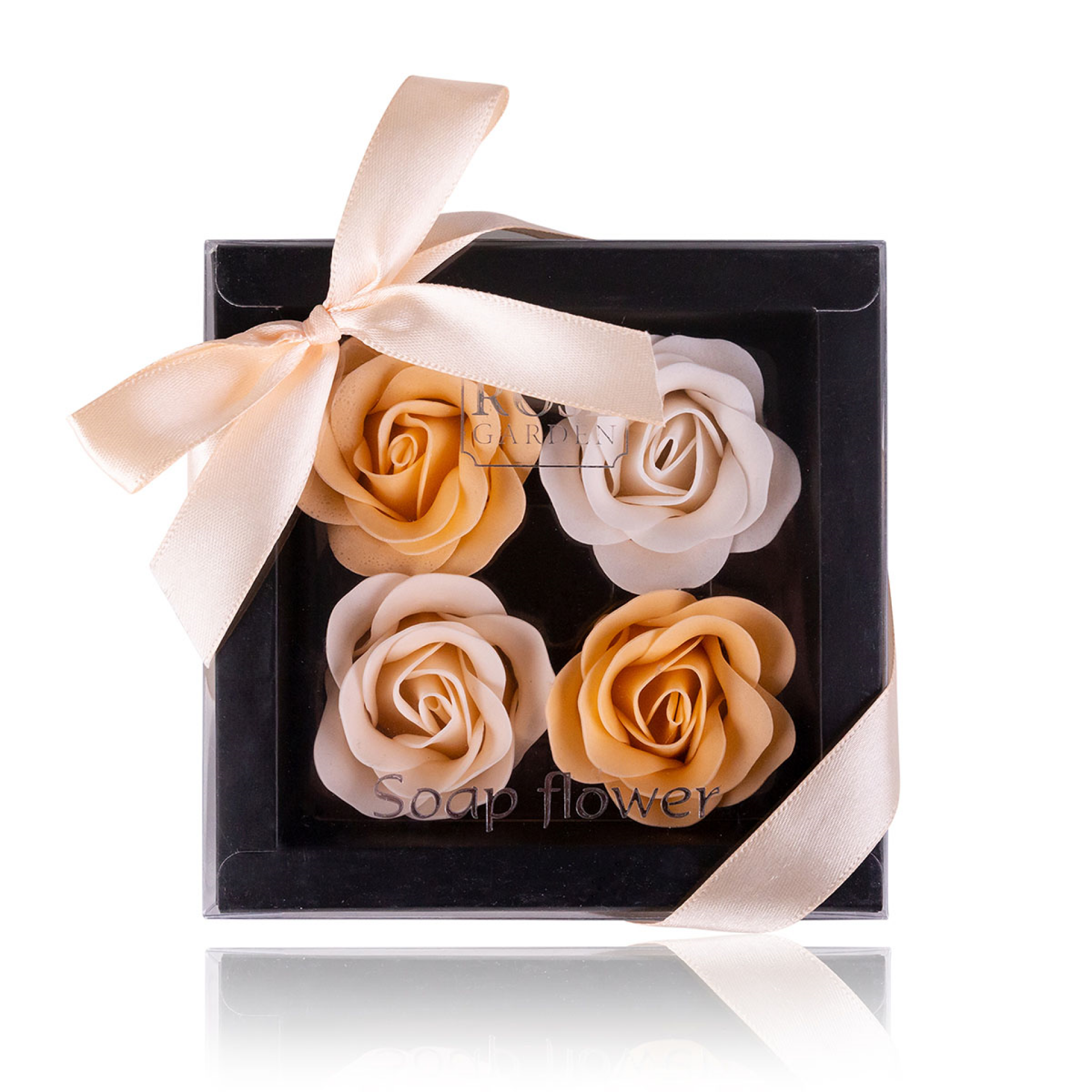 Baderosen Geschenkbox mit 4 x 4g » Badekonfetti | Seifenrosen in dunkler Geschenkverpackung mit Schleife | Rosen Duft - Apricot-Hellapricot