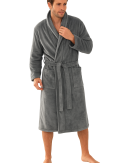Premium Bademantel Eden » weiches Korallenfleece 350 g/m² » langer Saunamantel mit aufgesetzten Taschen » Morgenmantel 116 cm lang » unisex in Grau
