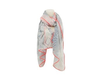 Sommer Damen Schal » Bunt mit Neon Rand » leichter Sommerschal 180 x 70 cm » Halstuch mit verschiedenen Mustern » Damenschal weich & dünn - Grau