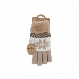 Winter Damen Handschuhe » Fingerhandschuhe Schneeflocke » Gefütterte Teddy Winterhandschuhe » Strickhandschuhe flauschig & warm - Hellbraun