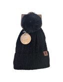Winter Damen Mütze » Bommelmütze Nora Mit Teddy » Strickmütze mit Flechtoptik » Wintermütze mit Bommel - Schwarz