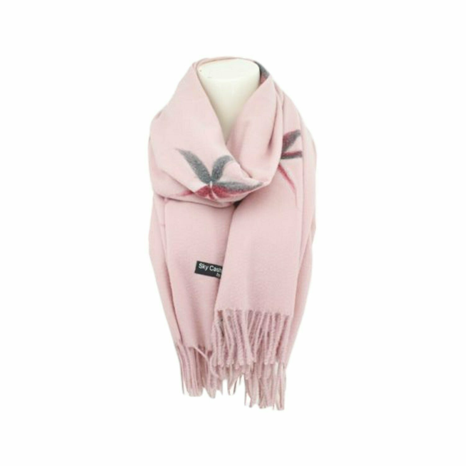 Winter Damen Schal Cashmera » Fransenschal Soft Feeling » Winterschal 180x72 cm » Damenschal mit Blume - Rosa