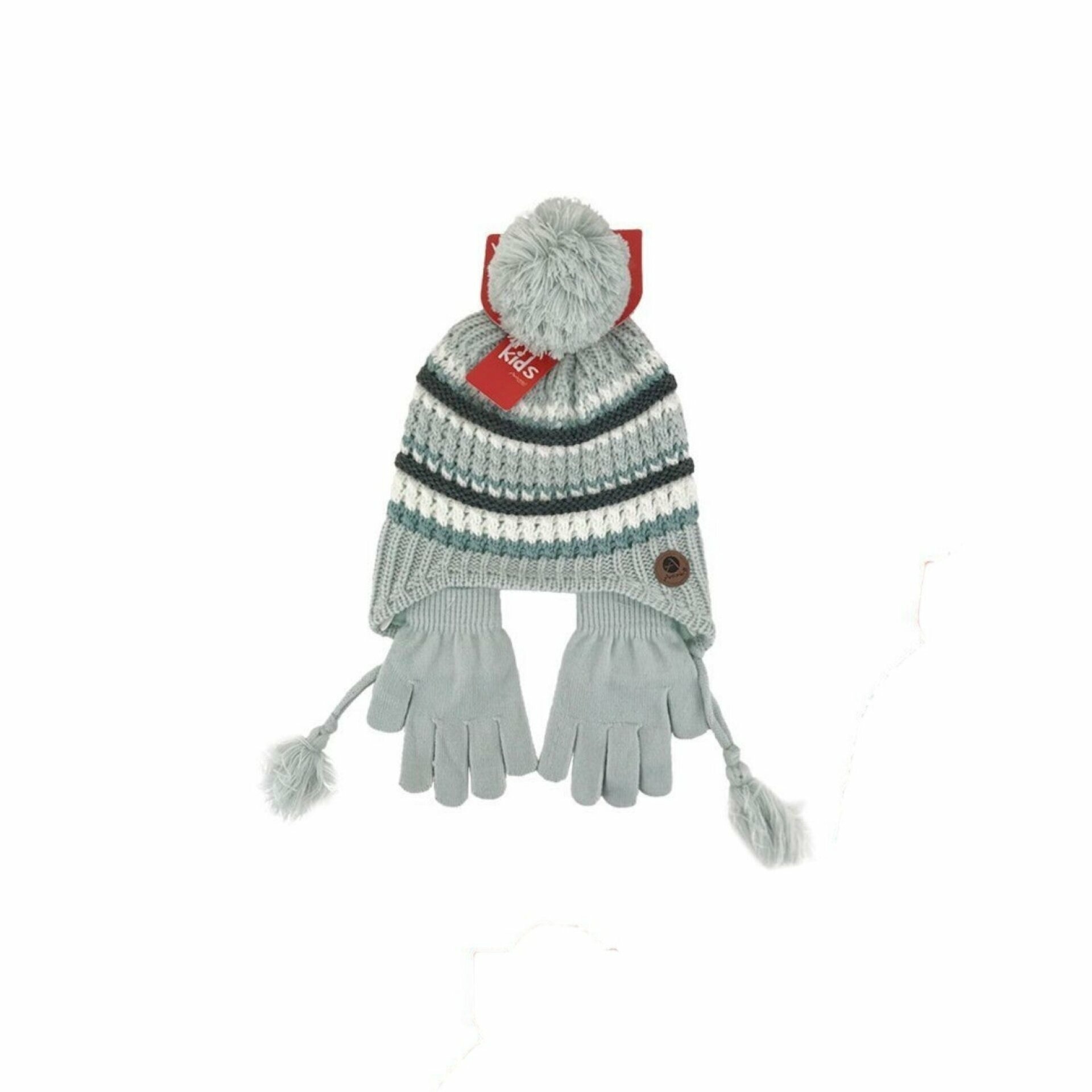 Kinder Winter Mütze mit Handschuhen » Gestreiftes Set » Kindermütze mit Streifen und Fingerhandschuhe - Grün